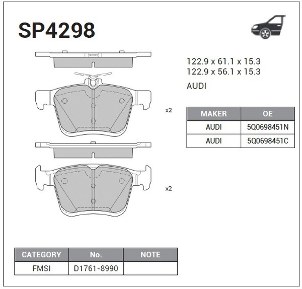 Колодки задние VW GOLF 2012-, PASSAT 2014-, AUDI A3 2013-, Q2 2016-, TT 2014-